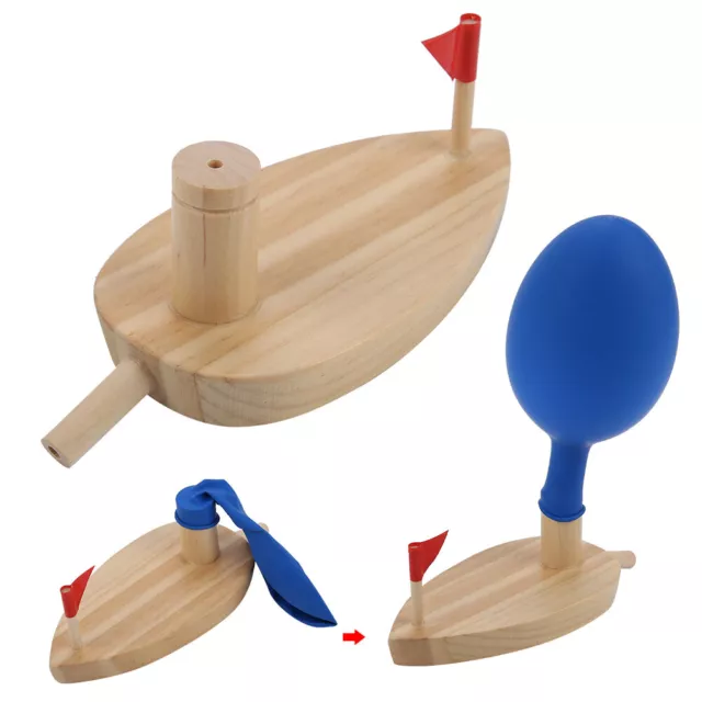 Balloon Powered Wooden Boat Cartoon Children Water Playing Bathing Toys ISP