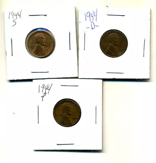 1944 P,D,S Wheat Pennies Lincoln Cents Circulated 2X2 Flips 3 Coin Pds Set#3488