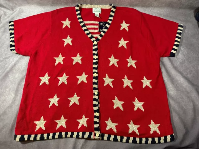 Quacker Factory Short Sleeve Cardigan Sweater USA American Flag Stars - 3X Plus
