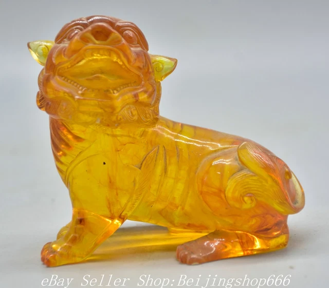 5.2" Old Chinese Amber Carved Fengshui Foo Fu Lion Beast Statue Sculpture