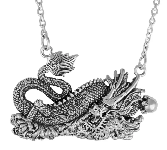 Sterling Silver Chinese Asian Dragon Necklace 18 Inch Chain - Good Luck Pendant