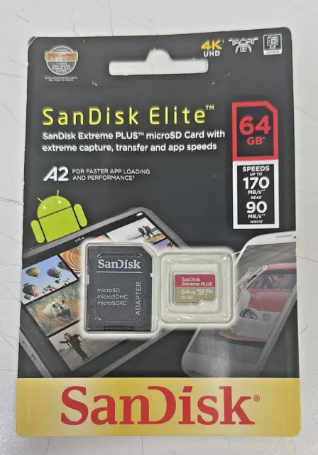 Genuine SanDisk Elite Extreme Plus 64GB MicroSD XC Memory Card & Adapter BNIB