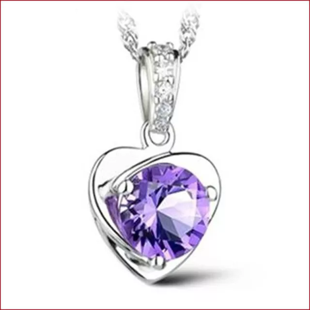 925 Sterling Silver Purple Crystal Heart Pendant Necklace Womens Jewellery Gift