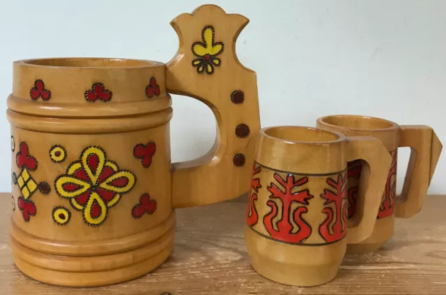 Set Lot 3 Vintage German Carved Wooden Wood Beer Mug Steins Cups Oktoberfest