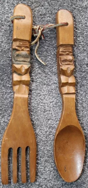 Fork And Spoon Set Vintage Wooden Carved Wall Hanging Pair Ornament Retro