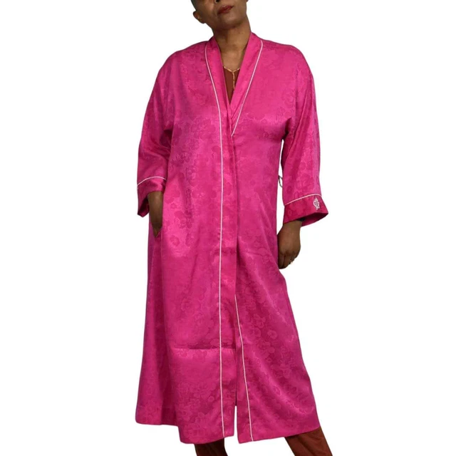 Christian Dior Hot Pink Robe Medium Vintage Satin Monogram Logo Wrap Long Midi
