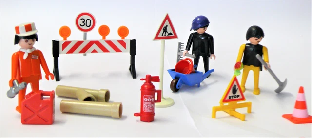 u3310 / Playmobil ® Baustelle Absperrung 3 Arbeiter Rohre Schubkarre Pylone Schi