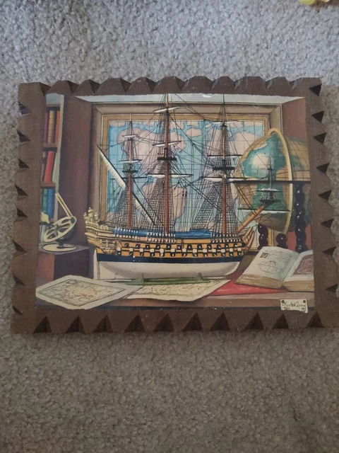 1960 litho SHIP model 8" X 10" on wood 11.5" x 9"