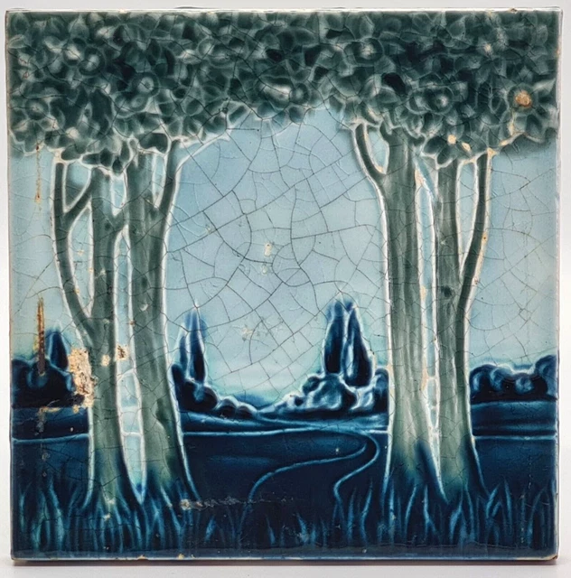 Art Nouveau Fireplace Tile Landscape Majolica Henry Richards C1905