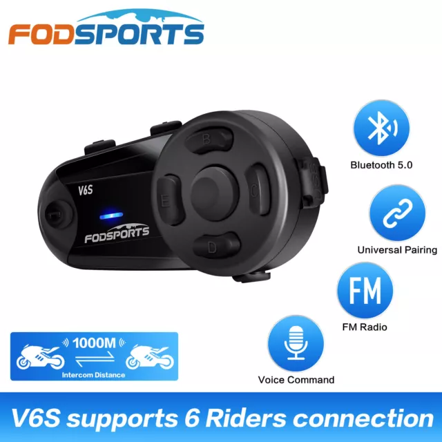 V6S Motorrad Headset Gegensprechanlage Helmet Bluetooth 5.0 Intercom 6 Fahrer FM