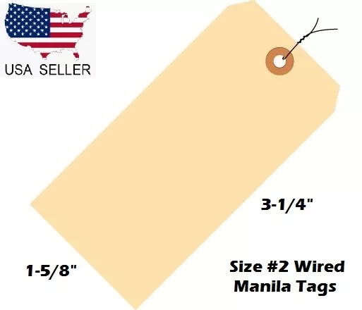 Pack of 100 Size 2 Manila Inventory Shipping Hang Tags with Wire 3 1/4" x 1 5/8"