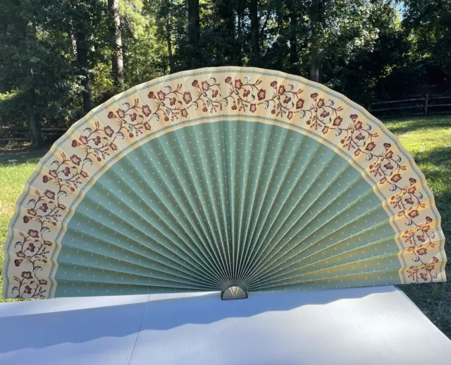 VTG Asian Folding Fan Wall Hanging Decor 21” In Blue W/Orange Flowers Metal Base