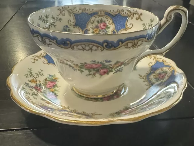 Foley Bone China Teacup and Saucer Broadway Bird Pattern England Blue Accents