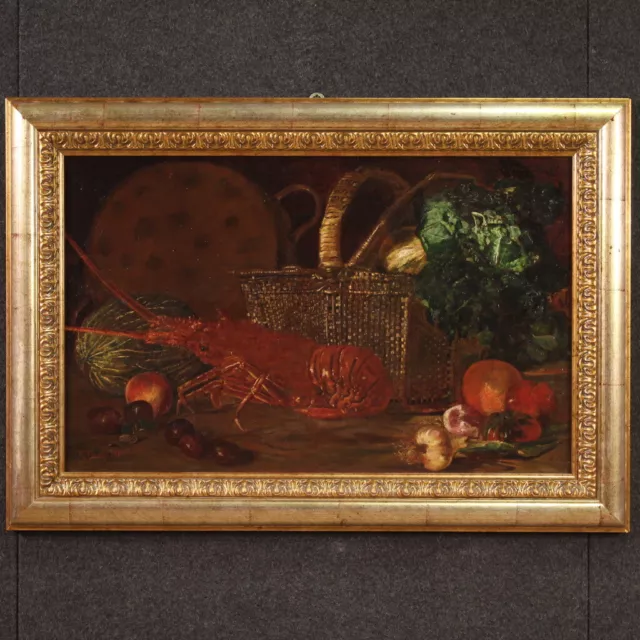 Pintura antigua firmada bodegon langosta cuadro oleo sobre lienzo siglo XIX.