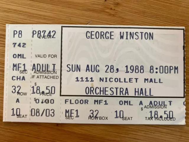 Ticket Stub Concert Tour Minnesota Minneapolis George Winston Orchestra Hall 88