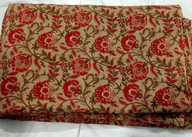 Indien 100% Coton Beige Floral Main Bloc Tissu Imprimé 2.3m Floral Tissu