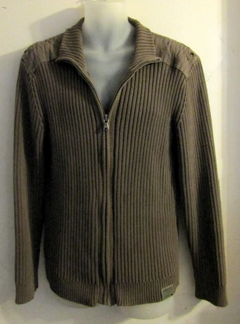 Men's Nautica Jeans Putty Colored Full Zippered Ribbed Sweater Size Large