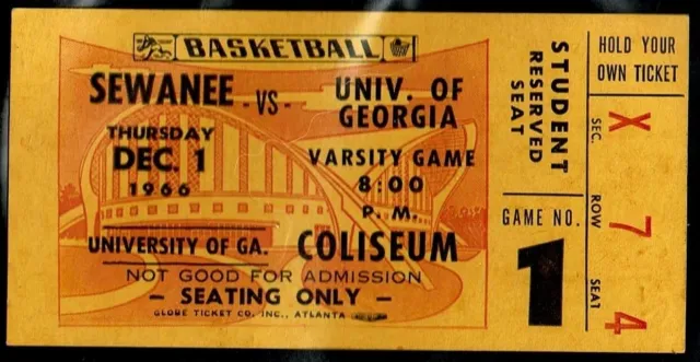 1966-67 NCAA COLLEGE BASKETBALL TICKET GEORGIA BULLDOGS vs SEWANEE GAME 1 DEBUT