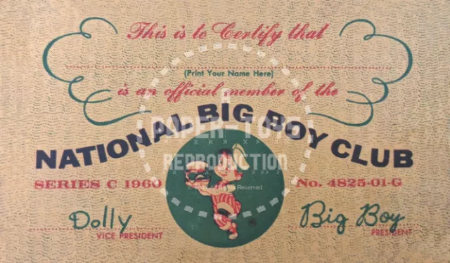 National Big Boy Club Membership Card - Vintage Reprint