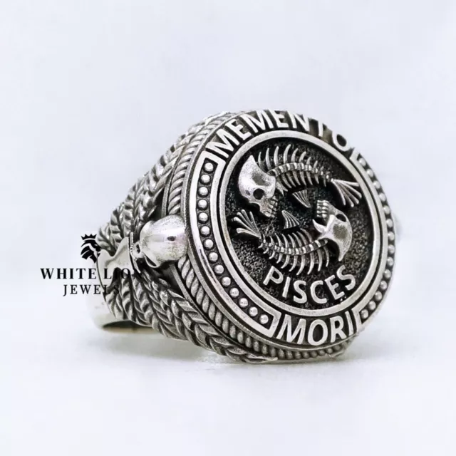 'Memento' Mori Tête de Mort Zodiaque Poissons Signe 925 Argent Homme Biker Bague