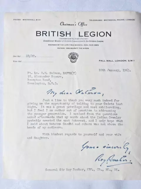 General Sir Francis Roy Bucher, British Legion, Signed Letter 1963