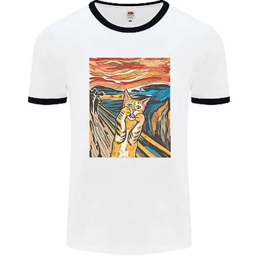 Cat Scream Painting Parody Mens White Ringer T-Shirt