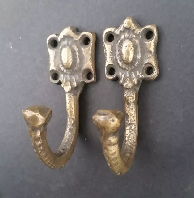2 Single Coat Hat Hooks Unique Antique Style Ornate Backplate  2" long #C4