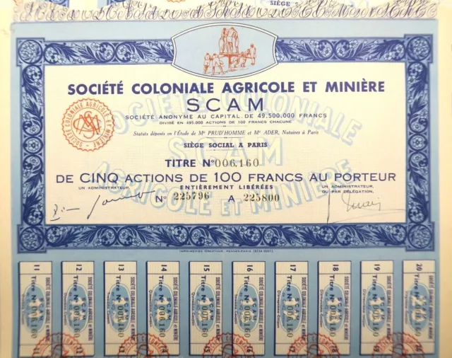 5 Aktien ”Société Coloniale Agricole et Minière SCAM”, Cap. 49,5 Mio. Fr.