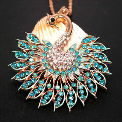 New Blue Rhinestone Bling Peacock Crystal Pendant Betsey Johnson Chain Necklace