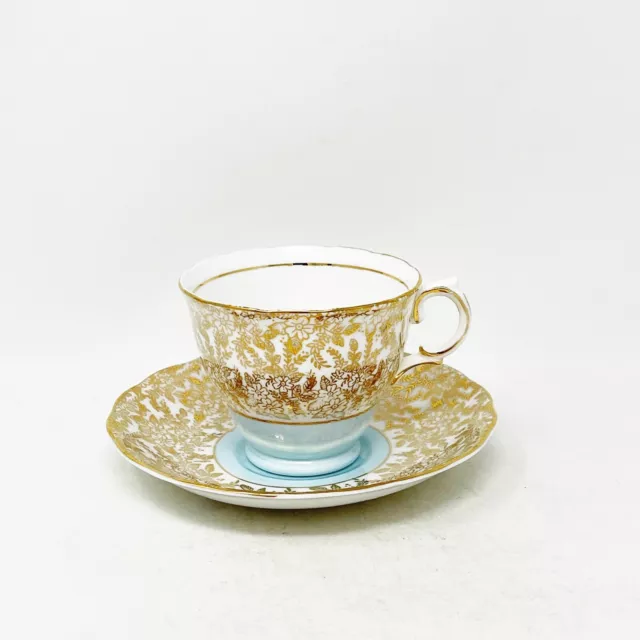 Colclough China Tea Cup And Saucer Light Blue Gold Chintz Harlequin Vintage UK