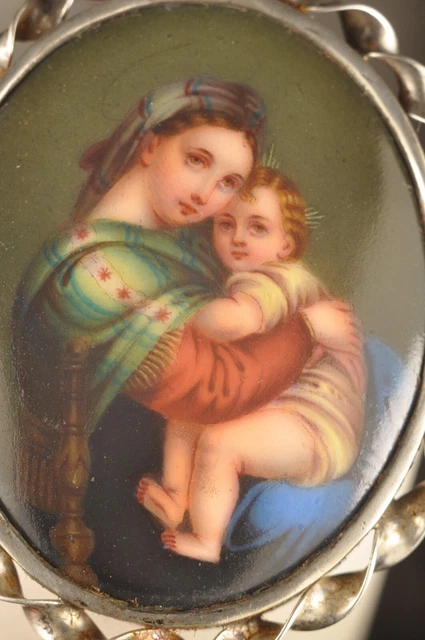 Broche Antique Portrait Miniature En Porcelaine De Limoges - Bijou Romantique En Laiton, Occasion Très Bon État