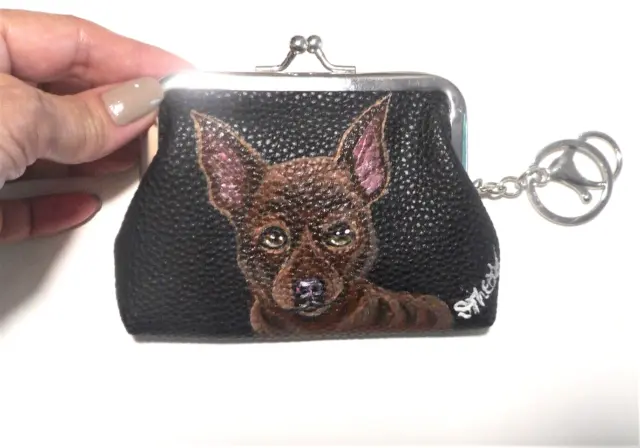 Chihuahua Dog Painting Coin Change Purse with Key Chain Hand Painted