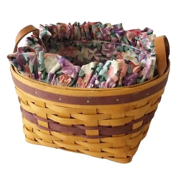 Longaberger May 1997 Series Petunia Basket Fabric Plastic Liners Leather Handles