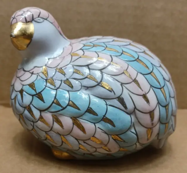 1960's Hand Painted Pink, Blue Ceramic Quail Partridge 14k Gold Accents 4.5 Inch