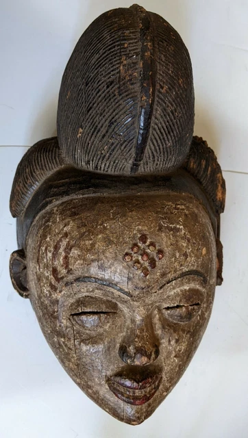 African Original Wood Punu Mask Artifact Gabon Ancestor Crested Eroded Relic