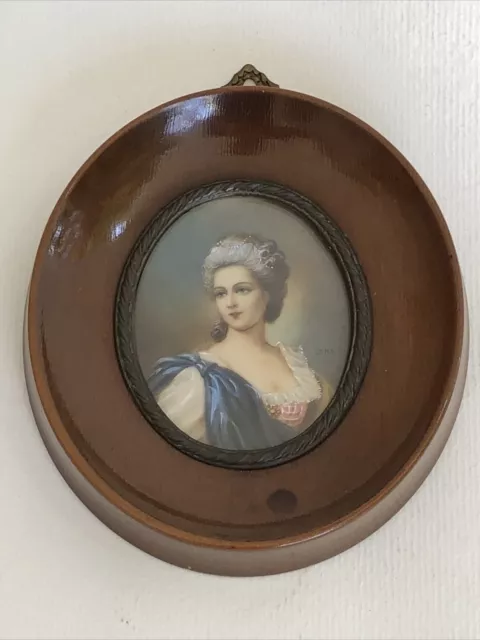 Très jolie ancienne MINIATURE PEINTURE PORTRAIT FEMME bourgeoise élégante signée