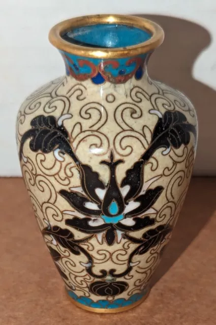 VINTAGE CHINESE CLOISONNE  Vase 3 INCHES BROWN FLOWER & TURQUOISE ACCENTS