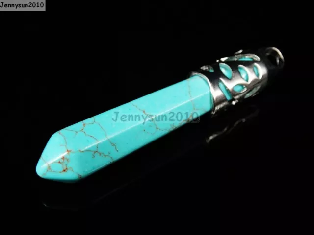 Silver Plated Natural Gemstone Long Hexagonal Pointed Reiki Chakra Pendant Charm