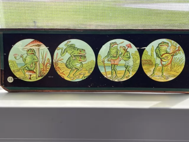 Antique Magic Lantern Projector 2 Handpainted Glass Slides - Frogs At The Beach