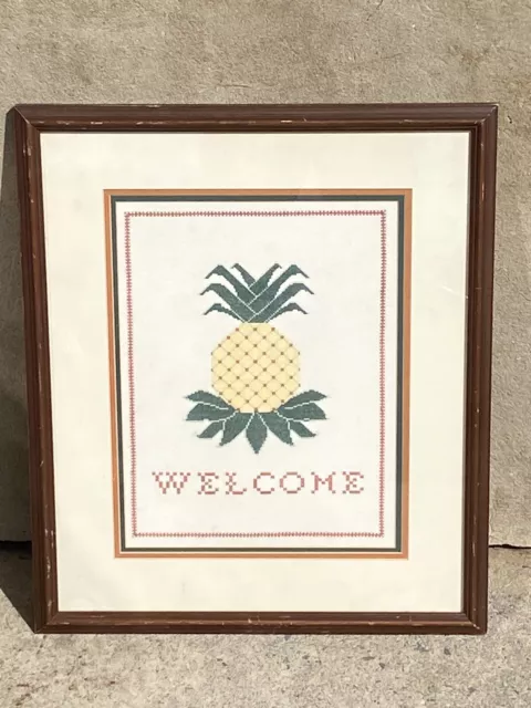 VINTAGE PINEAPPLE WELCOME CROSS STITCH FRAMED 22 x 18.5