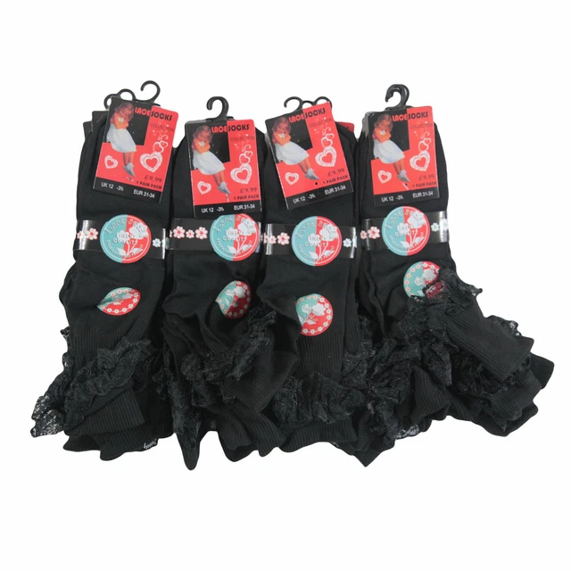 12 Pairs CHILDREN BABIES GIRLS KIDS BLACK FRILLY LACE ANKLE SOCKS WEDDING PARTY