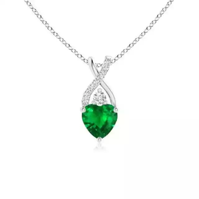 ANGARA 5MM Natural Emerald & Diamond Pendant Necklace in Silver 18" Chain