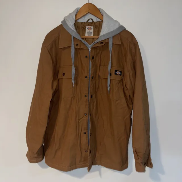 Dickies Work Coat Men’s Brown Jacket Gray Hoodie Lined Quilted Zip & Snap Medium