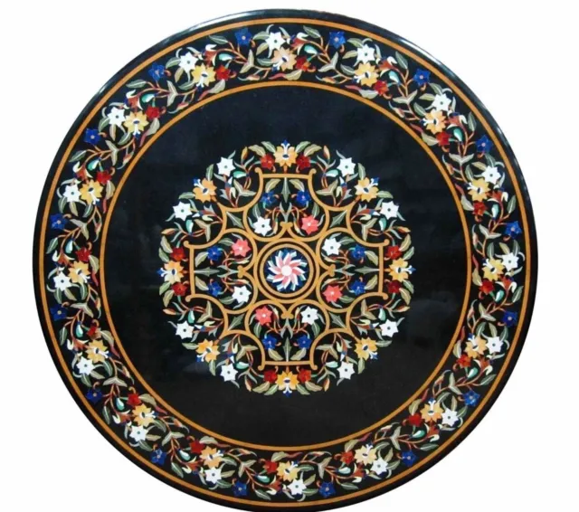 48 Inches Inlaid with Floral Design Hotel Table  Black Marble Dining Table Top