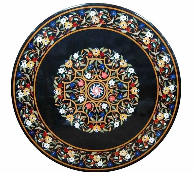 48 Inches Inlaid with Floral Design Hotel Table  Black Marble Dining Table Top