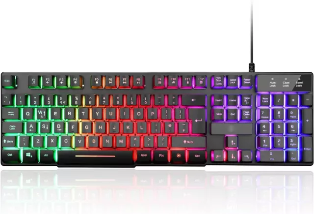 RGB Gaming USB Wired Keyboard 7 Colour Rainbow LED Backlit Gamer UK Stock