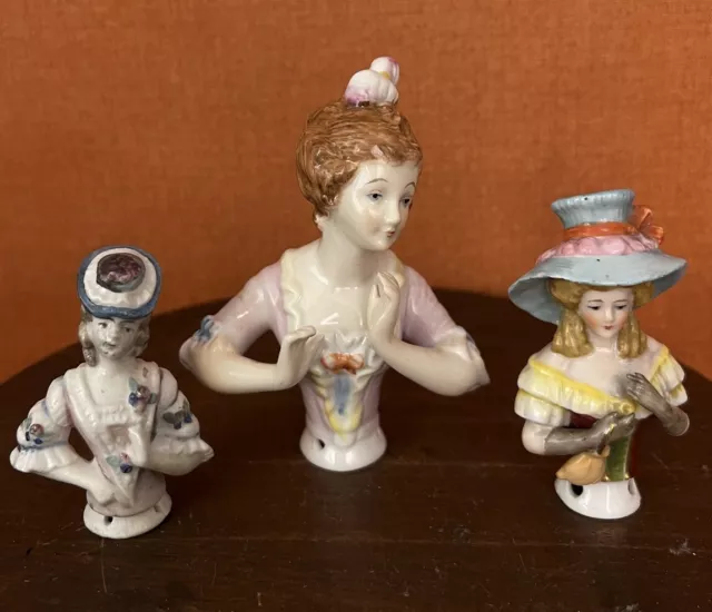 Antique German/Japan Porcelain Half Doll Ladies For Pin Cushions Set Of 3