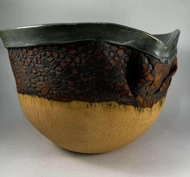 Studio Art Pottery Terracotta   Raku Green Drip Glaze Pottery Bowl Signed 7”x9””