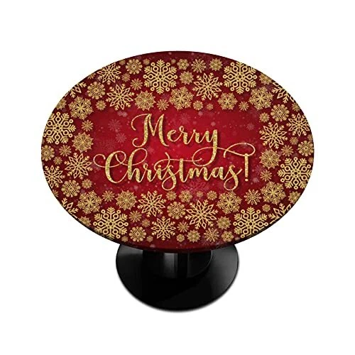 Round Fitted Tablecloth Merry Christmas Snowflake Elastic Edge Table Cover Wi...
