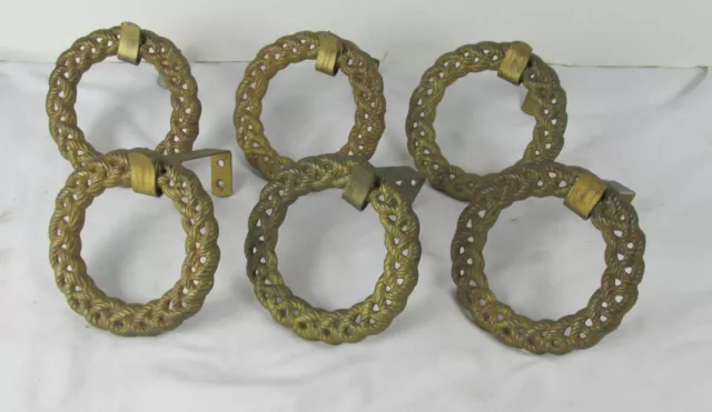 6 Cast Iron Gold Wreath rings circle Vintage wall mount hook curtain tie back